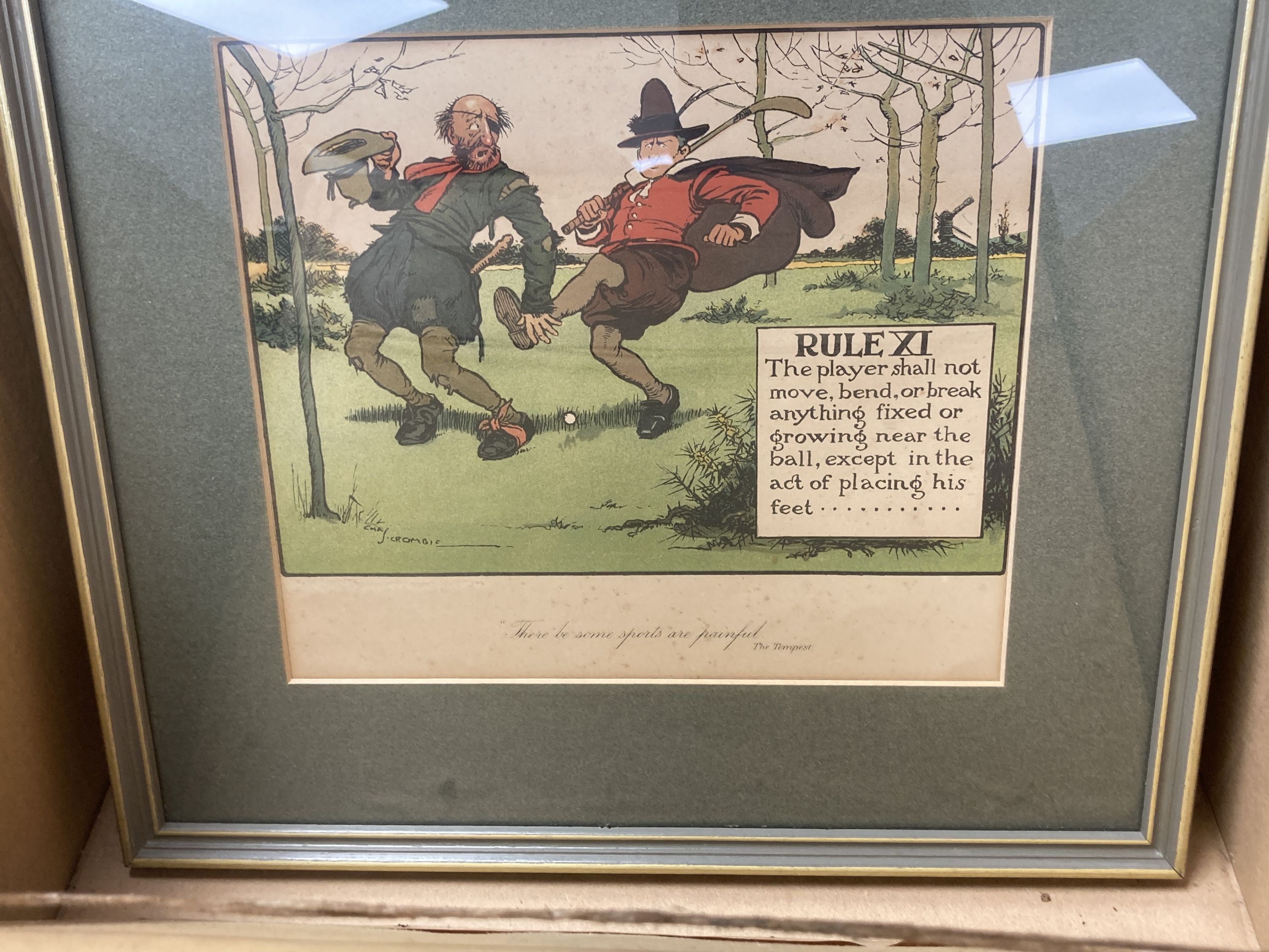 Charles Crombie, set of twelve comical golfing prints, Perrier Golf Rules